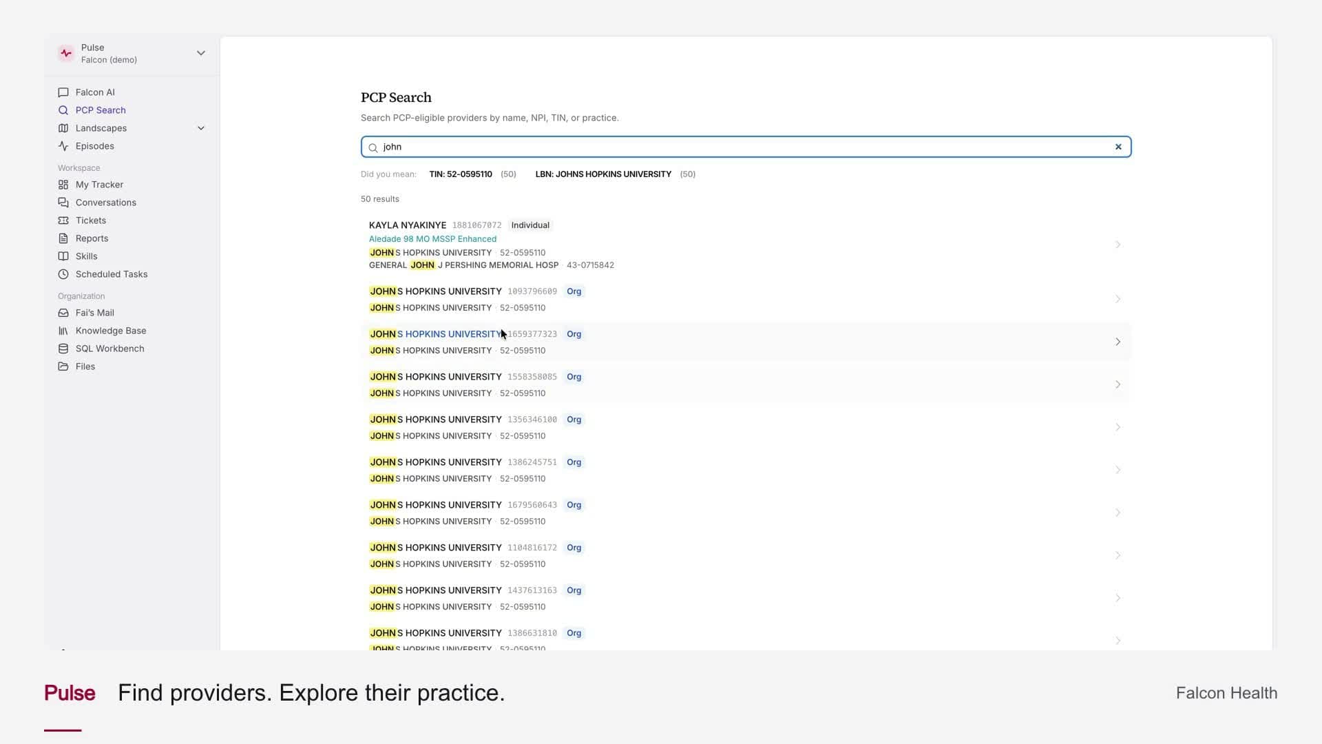 Falcon Health walkthrough of Pulse provider search, Sentinel payment-integrity leads, Scope encounter submissions, and Helm chase lists