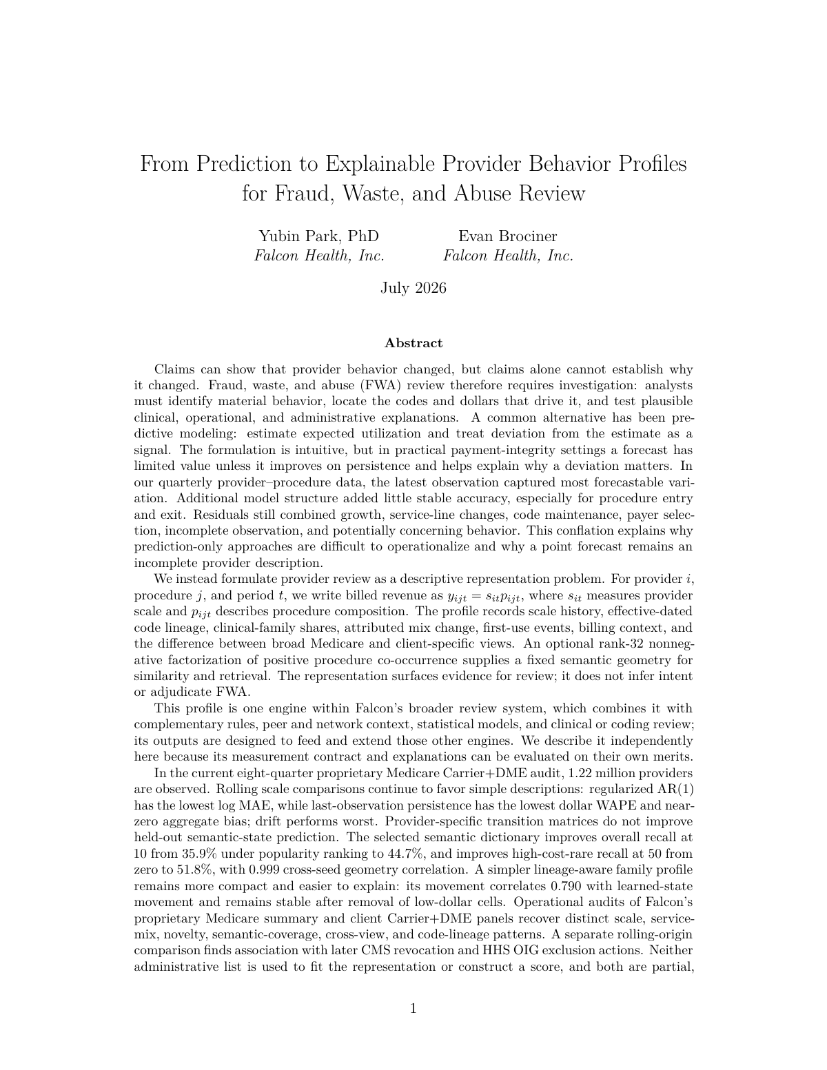 First-page preview of Explainable Provider Behavior Profiles
